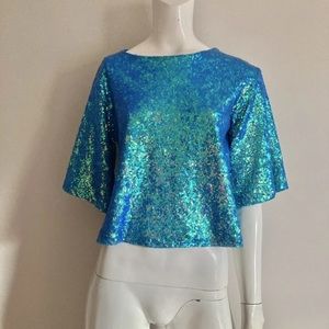blue iridescent sequin crop top new with tag Lily White XS cut out